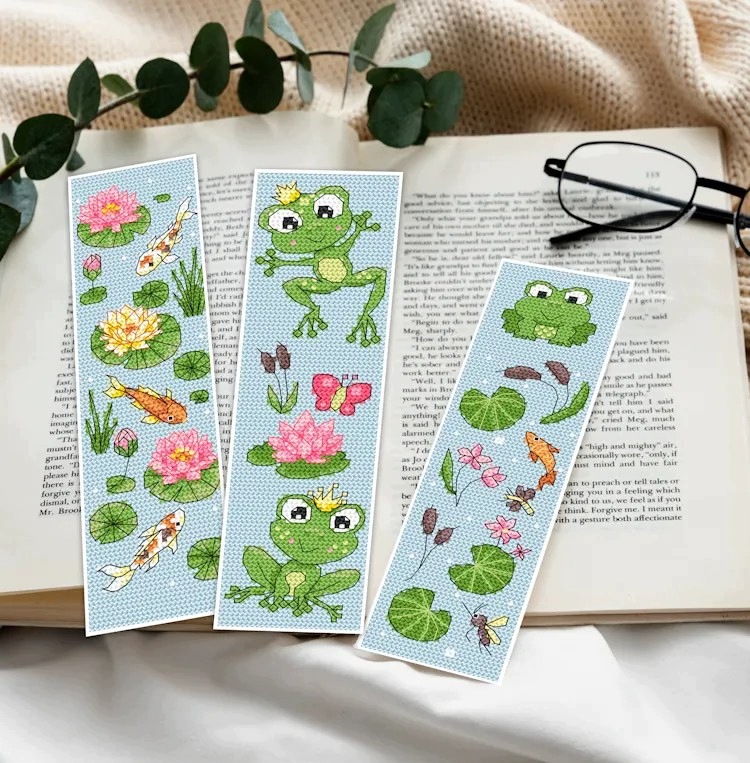 Vyšívací křížková sada 3 záložky Žabky Rybičky Diy