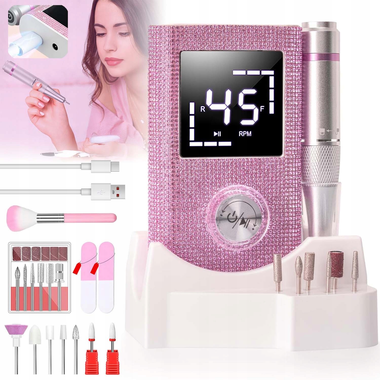 Profesionální Bruska Na Nehty Manikúra 60W Silná 45000RPM 1200MAH