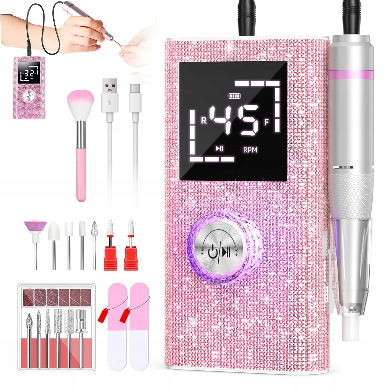 Bruska Na Nehty 50W Usb 45000RPM S Pamětí Led Obrazovka Sada