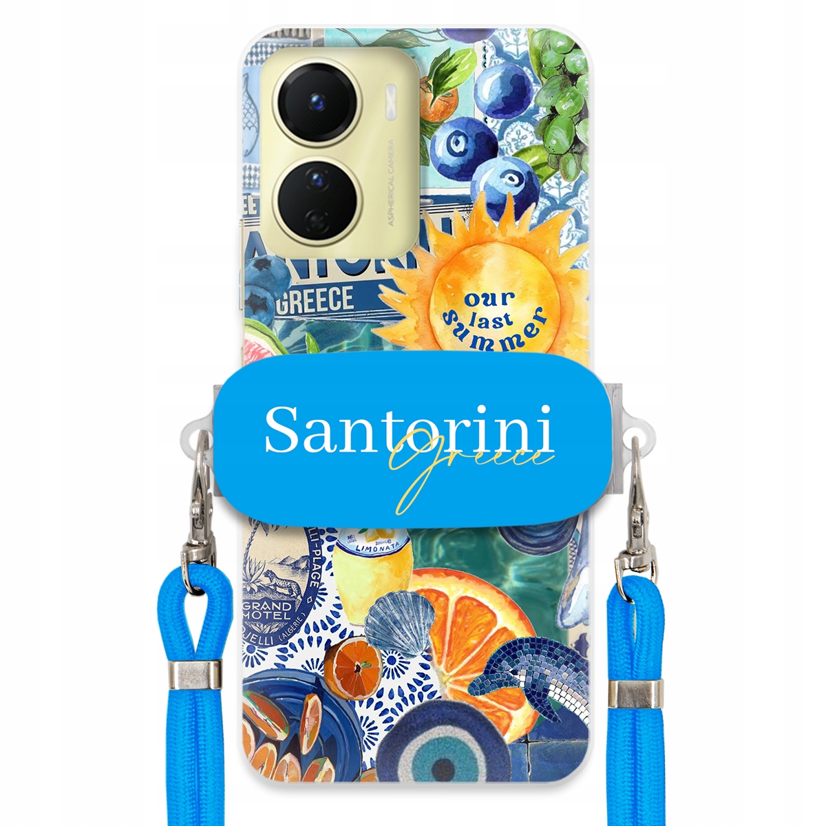Puzdro pre Vivo Y16 Modré Crossbody vodítko držiak Santorini Greece Sea