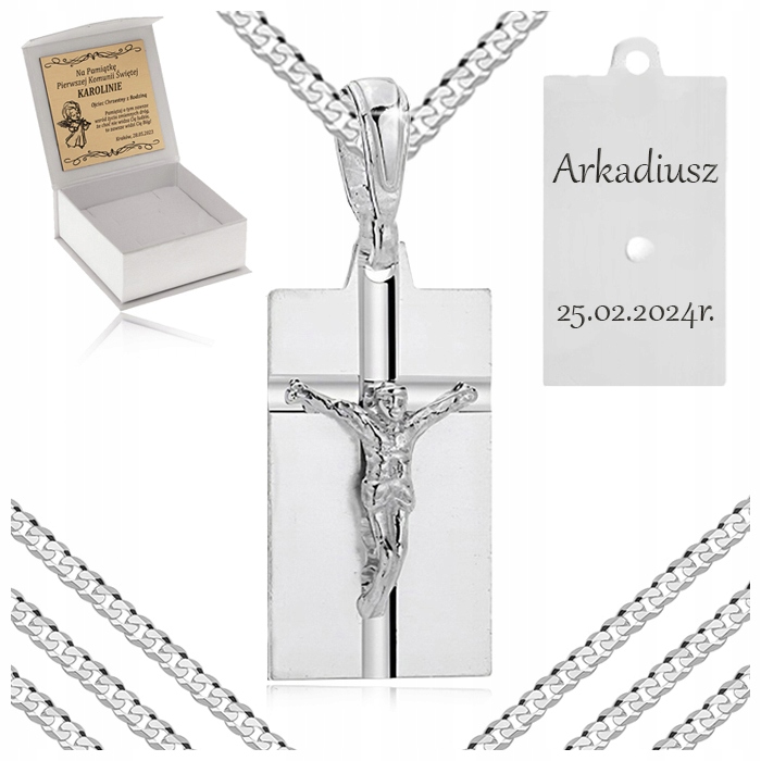 SREBRNY ŁAŃCUSZEK + MEDALIK JEZUS 925 + GRAWER CHRZEST KOMUNIA BIERZMOWANIE