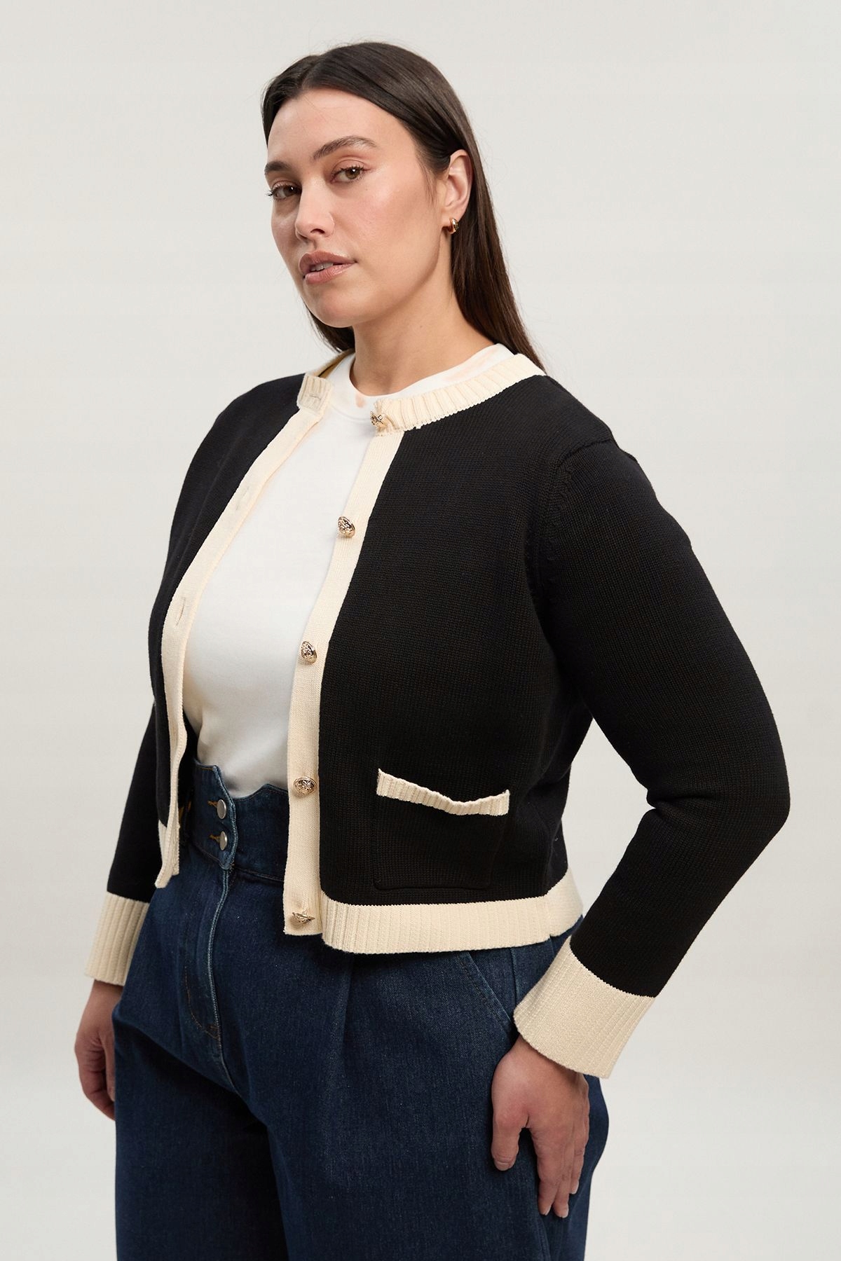 Černý Bavlněný Svetr S Bílými Vložkami, Rozepínací Karen Millen