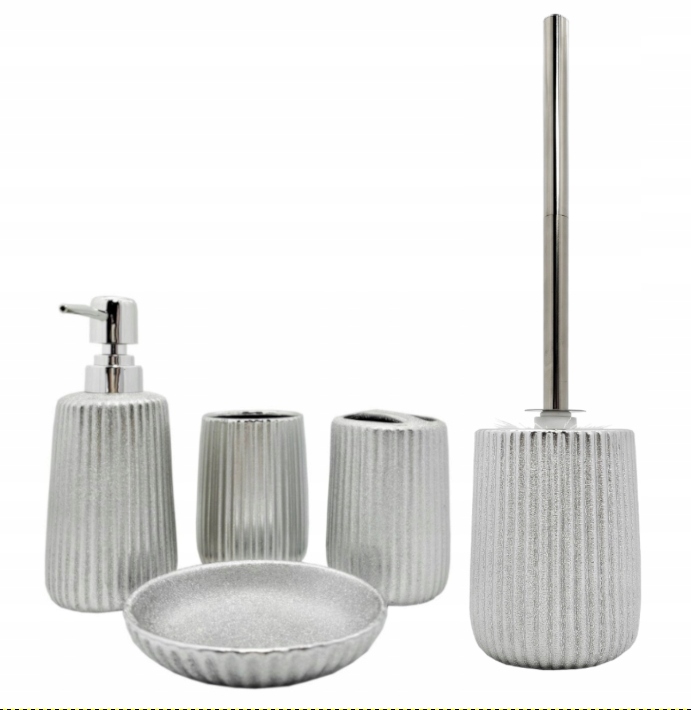 Koupelnový Set x5 Stříbrný Dávkovač Hrnečky Mýdlenka Kartáč 6365 6357