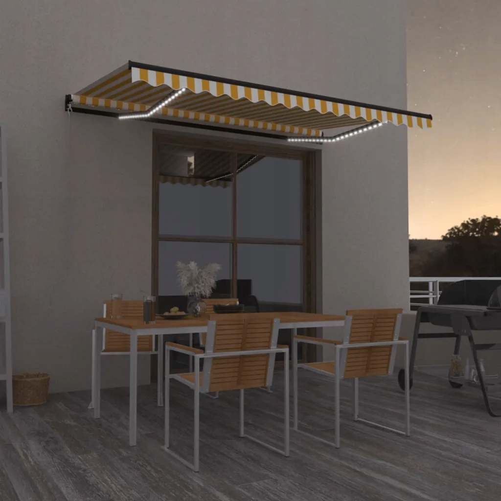 Ručně zatahovací markýza s Led světlem 450 x 300 cm žlutobílá Žlutá 3069123