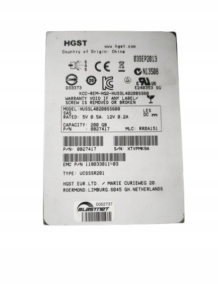 Dysk Hgst SSD-SAS-HUSSL4020ASS600-200 200 Gb 2,5" Sas