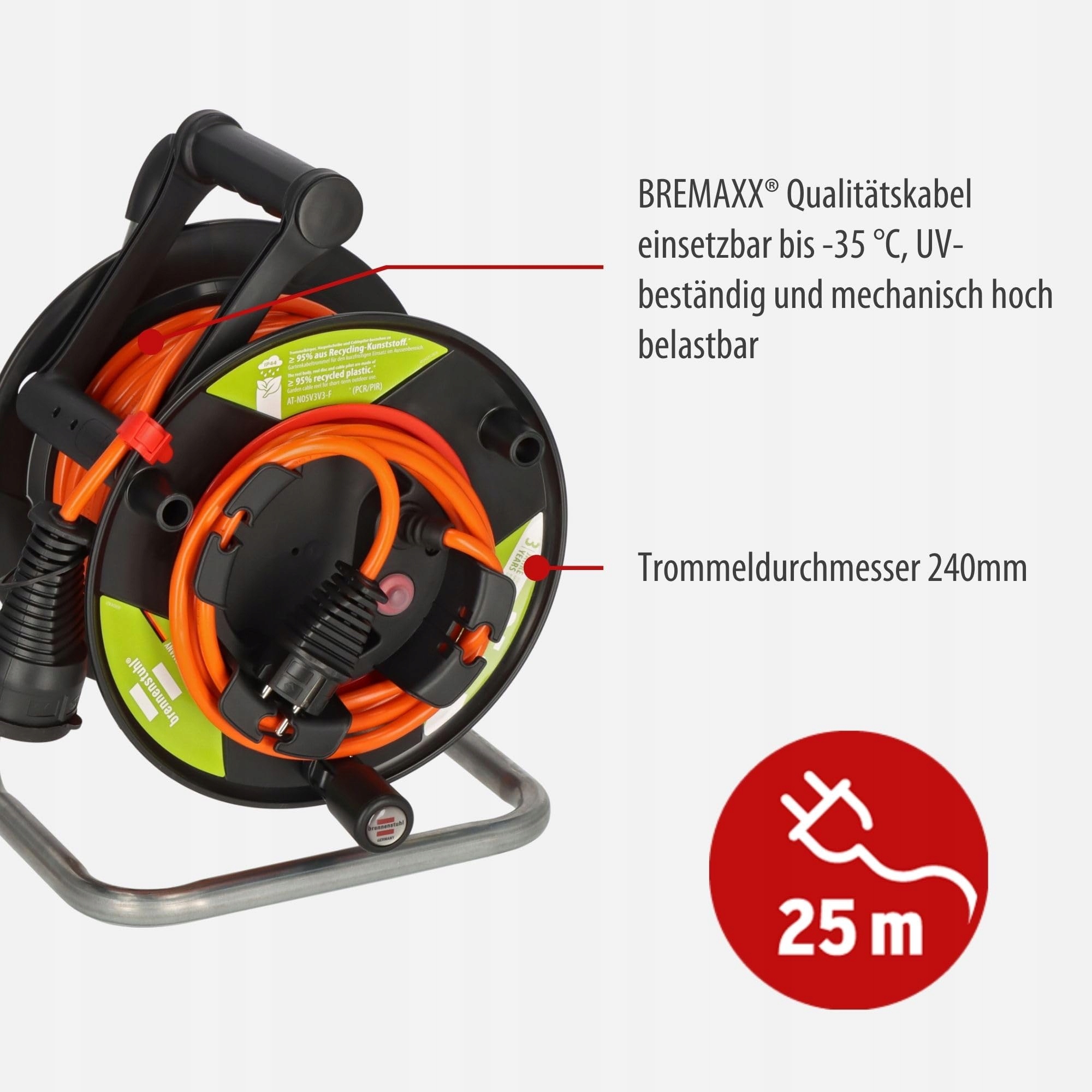 BRENNENSTUHL Bęben Kablowy Ogrodowy IP44 25m Recykling Zewnętrzny Niemcy — miniatura 4