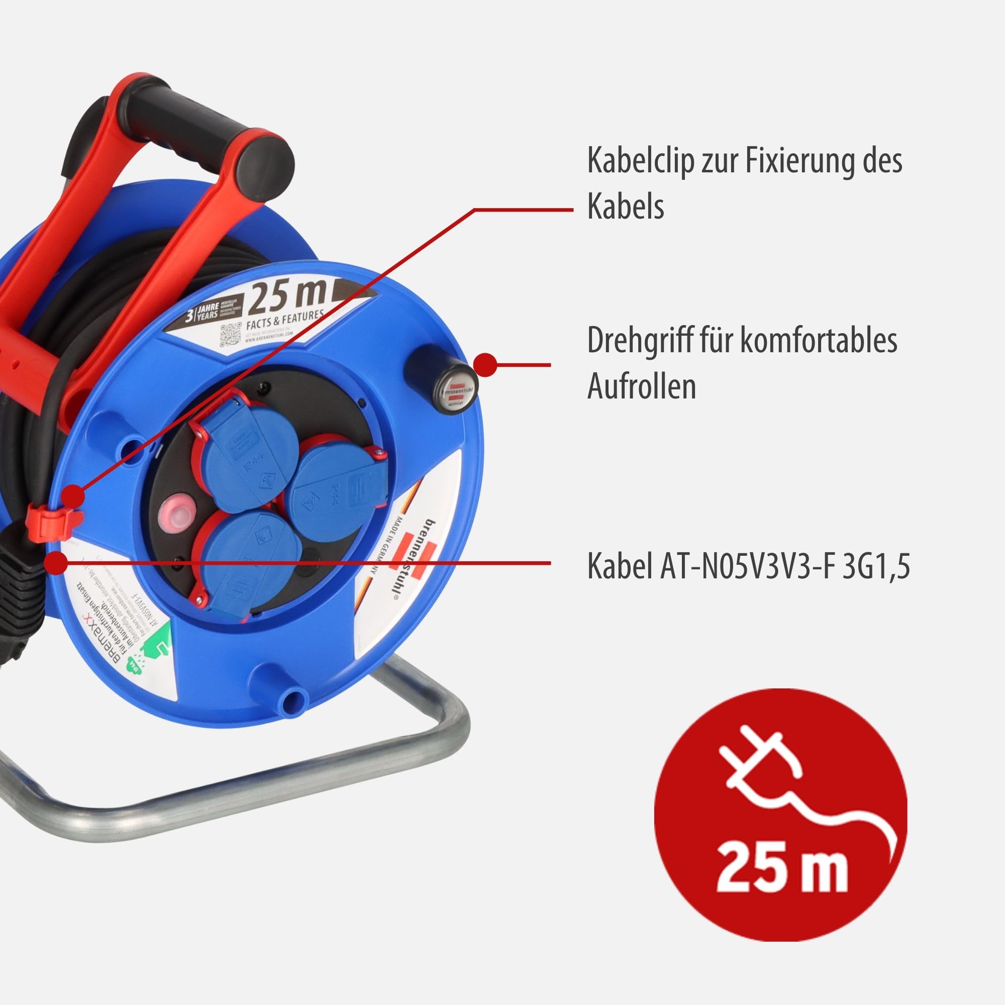 BRENNENSTUHL Kabeltrommel 25m Do Użytku Zewnętrznego IP44 Plastik — miniatura 3
