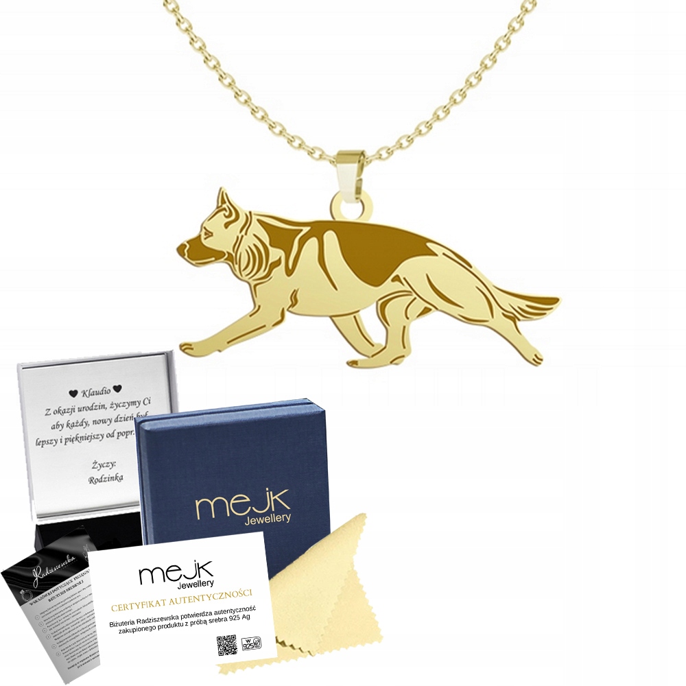 Zlatý náhrdelník se psem Německý ovčák 925 Dárek Žena Gravírování Bonus