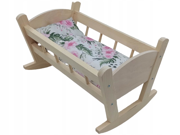 KOŁYSKA DREWNIANA dla lalek NIEMALOWANA + POŚCIEL