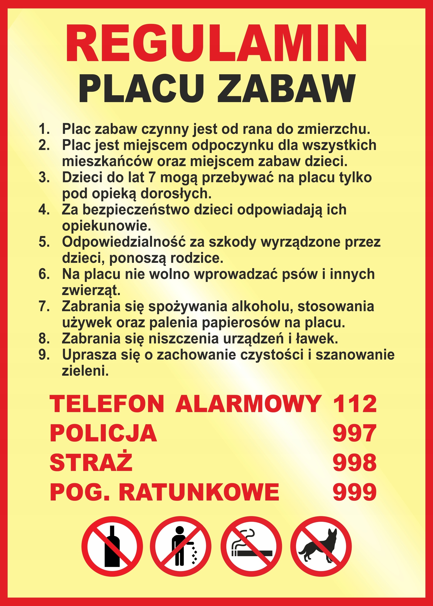 Regulamin placu zabaw tablica 50x70 ALU 3mm