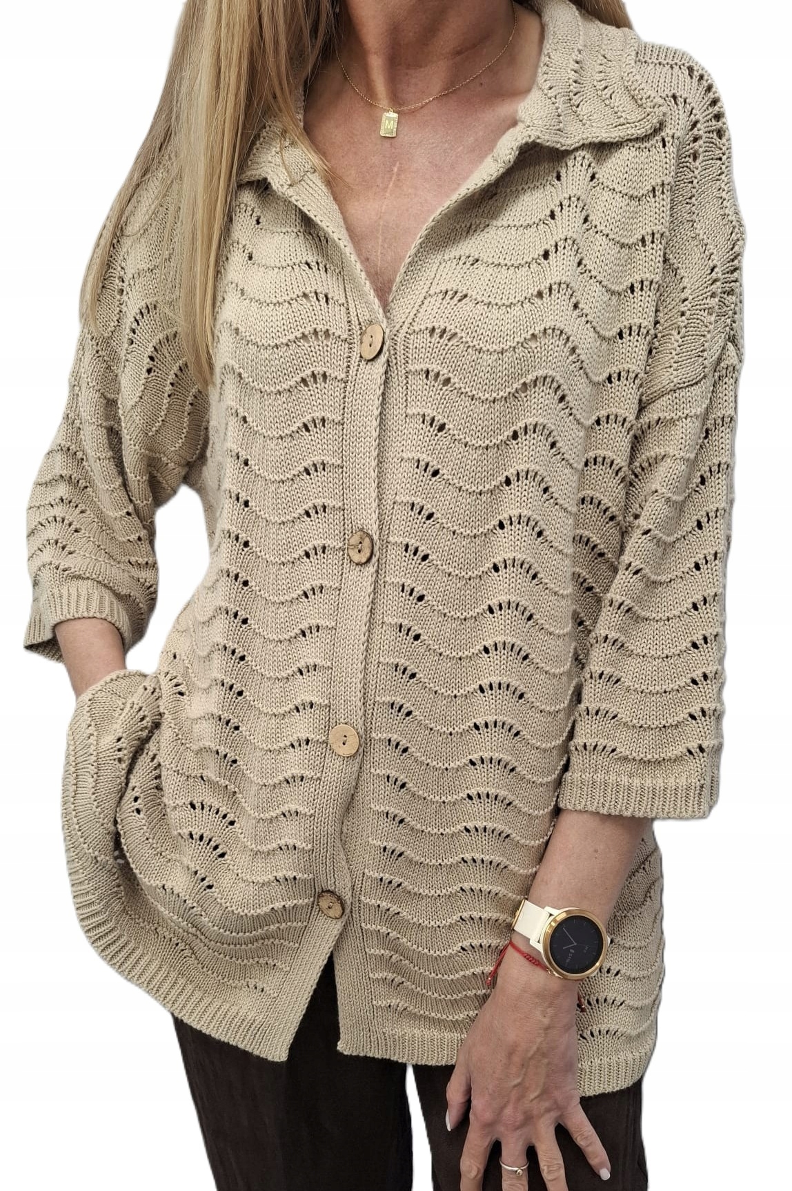 Cocomore Yarn Ažurový svetr Kardigan na Knoflíky Hnědý Latte Uni New