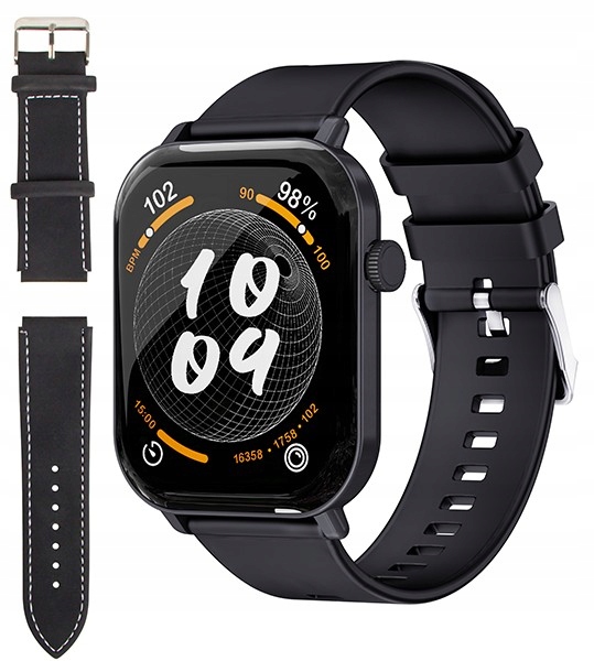 Smartwatch czarny 2 paski w zestawie funkcje zdrowotne monitoruj