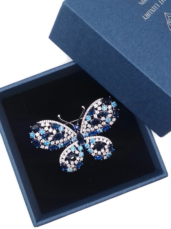 Luxusní Brož Motýl Světle Modrá Safír Stříbrná Krabička Jako Dárek
