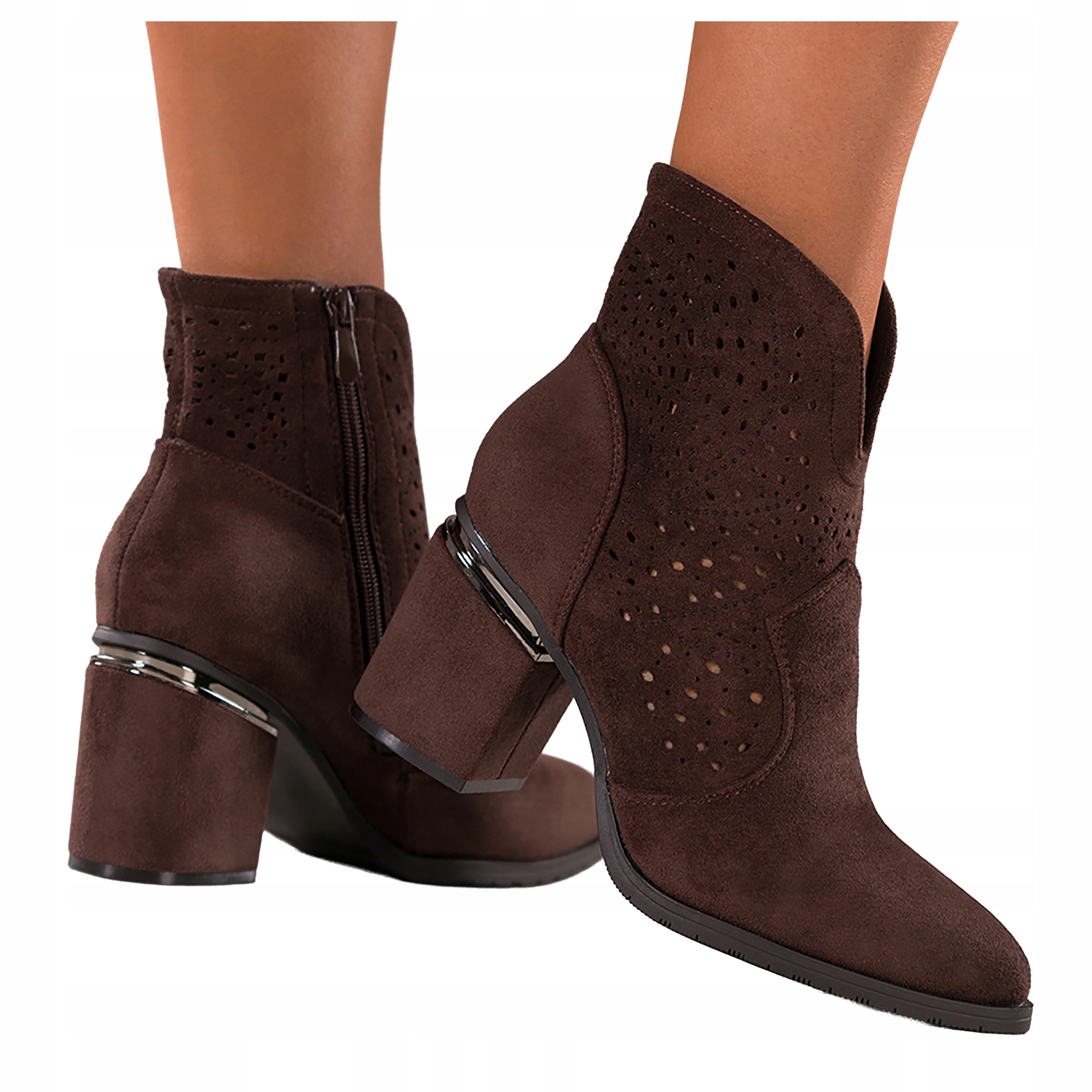 Čokoládové dámské kotníkové boty Pohodlné Na ozdobném sloupku Semišové Ažurové vel. 39