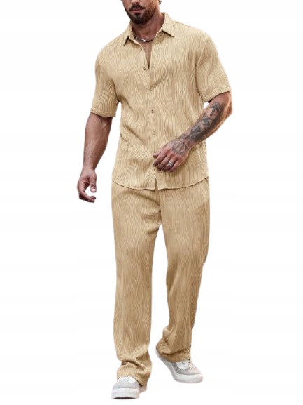 Shein Béžový Komplet Pánská Košile Krátký Rukáv Kalhoty L 1HD