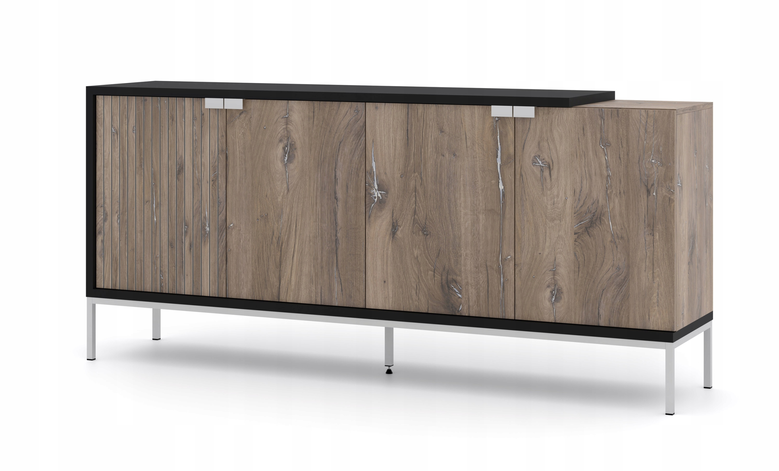 Komoda Toledo 190 cm 4D černá matná dub flagstaff kovové nohy stříbrné