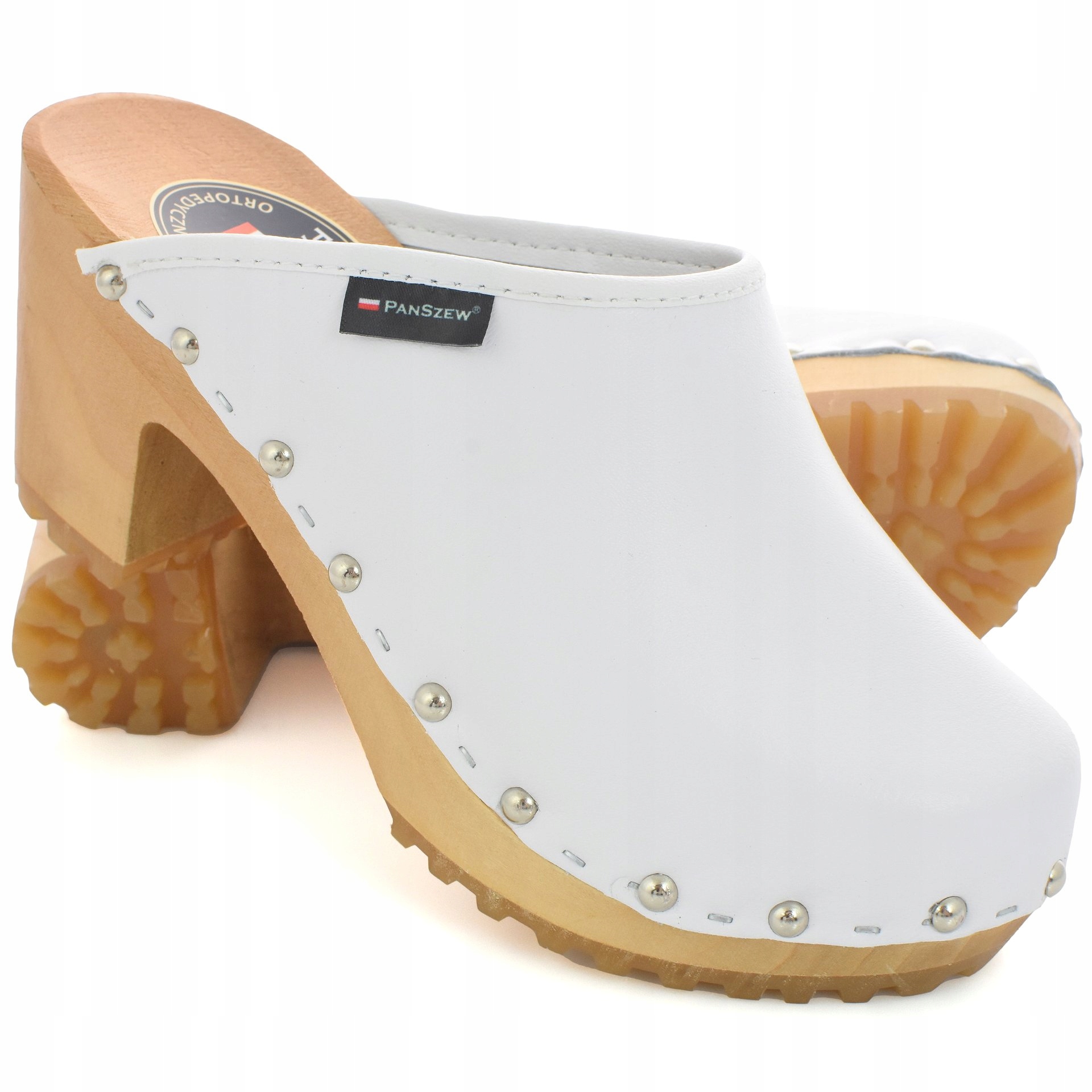 PanSzew EFEKTOWNE Drewniaki Damskie SKÓRZANE 35-41 Model Modne Chodaki Ze Skóry Naturalnej Buty na Obcasie