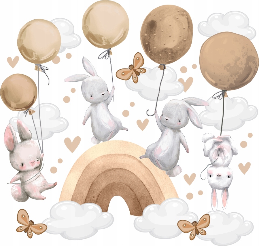 Naklejki na ścianę Króliki balony Króliczki Tęcza 100x200cm KR11 beż