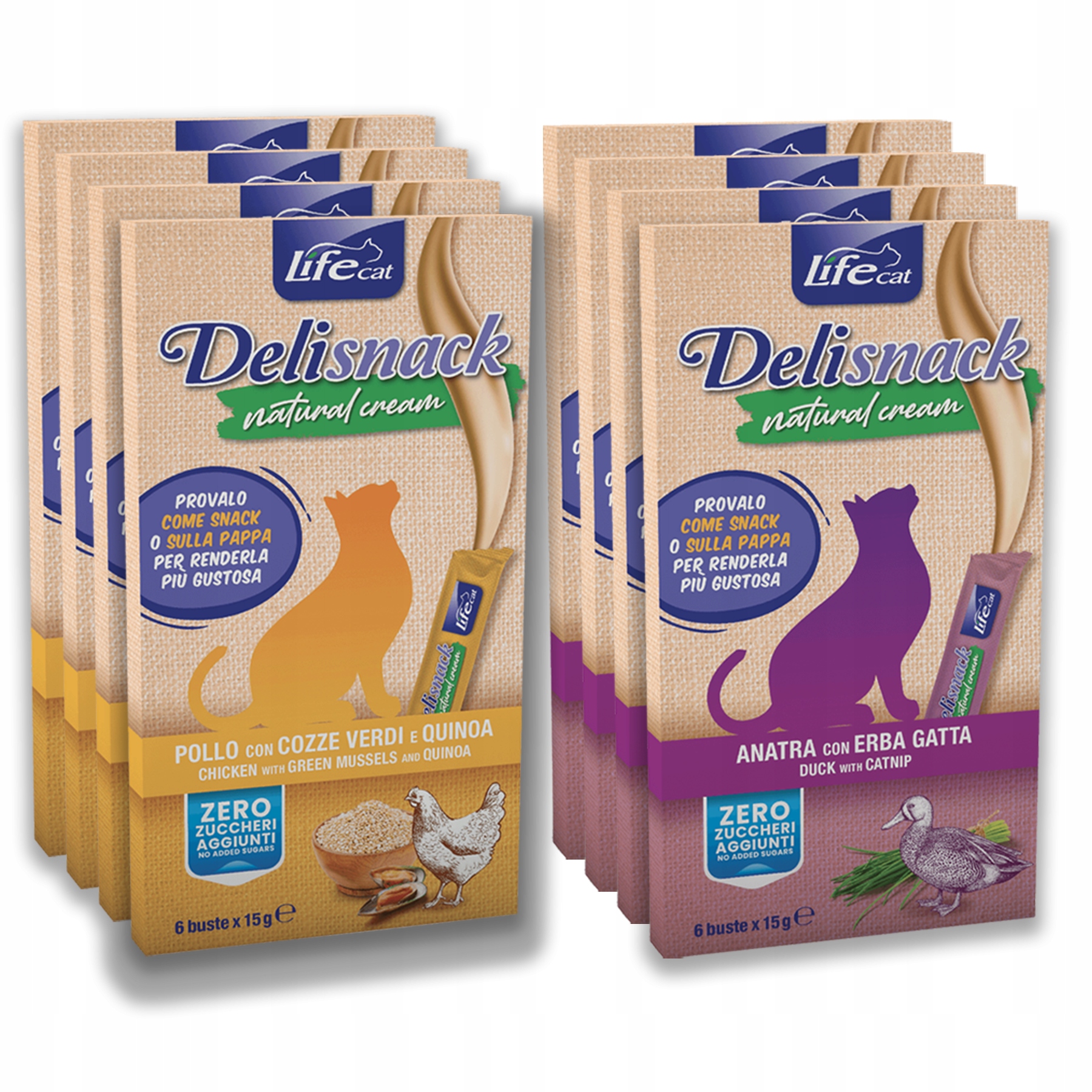 Levně Life Cat Deli Snack Natural Cream 6x15g 8 ks MIX pochoutek bez ryb