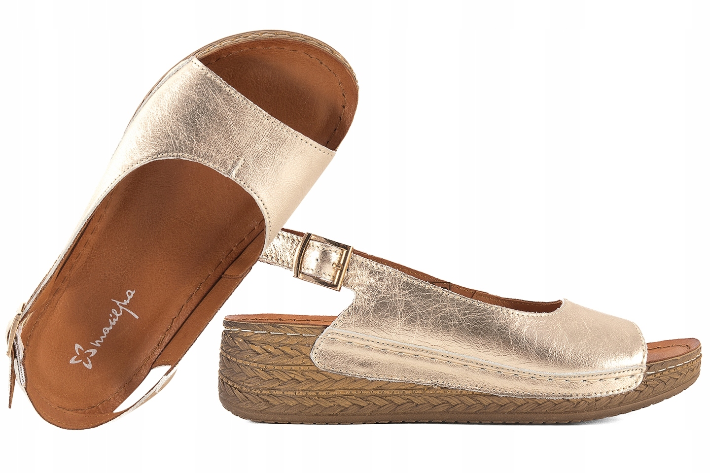 Maciejka L7069-25 Dámské Kožené Sandály Komfort Na Koturně, zlaté 38