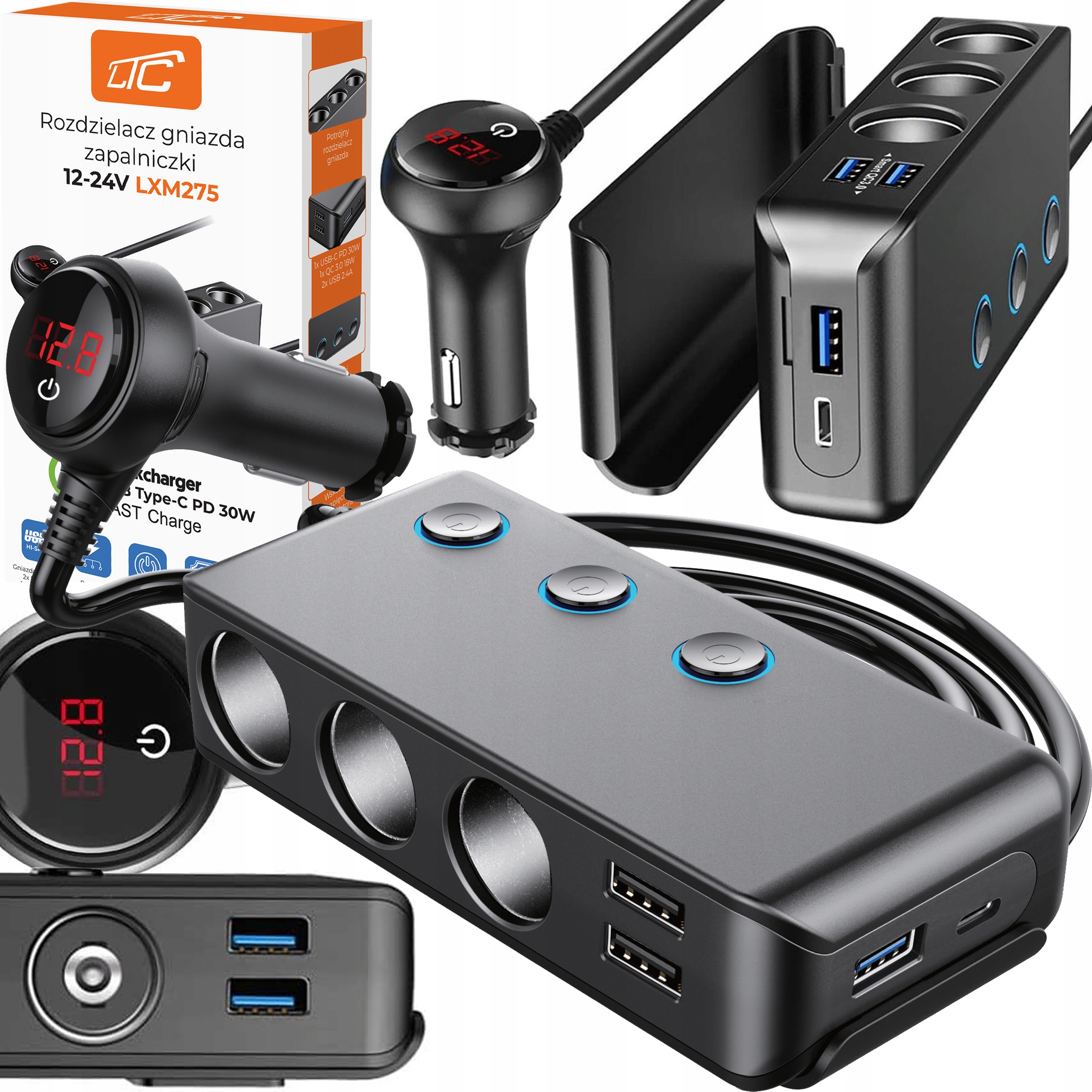 Rozbočovač Zapalovače Rychlá Automobilová Nabíječka Usb Qc Pd