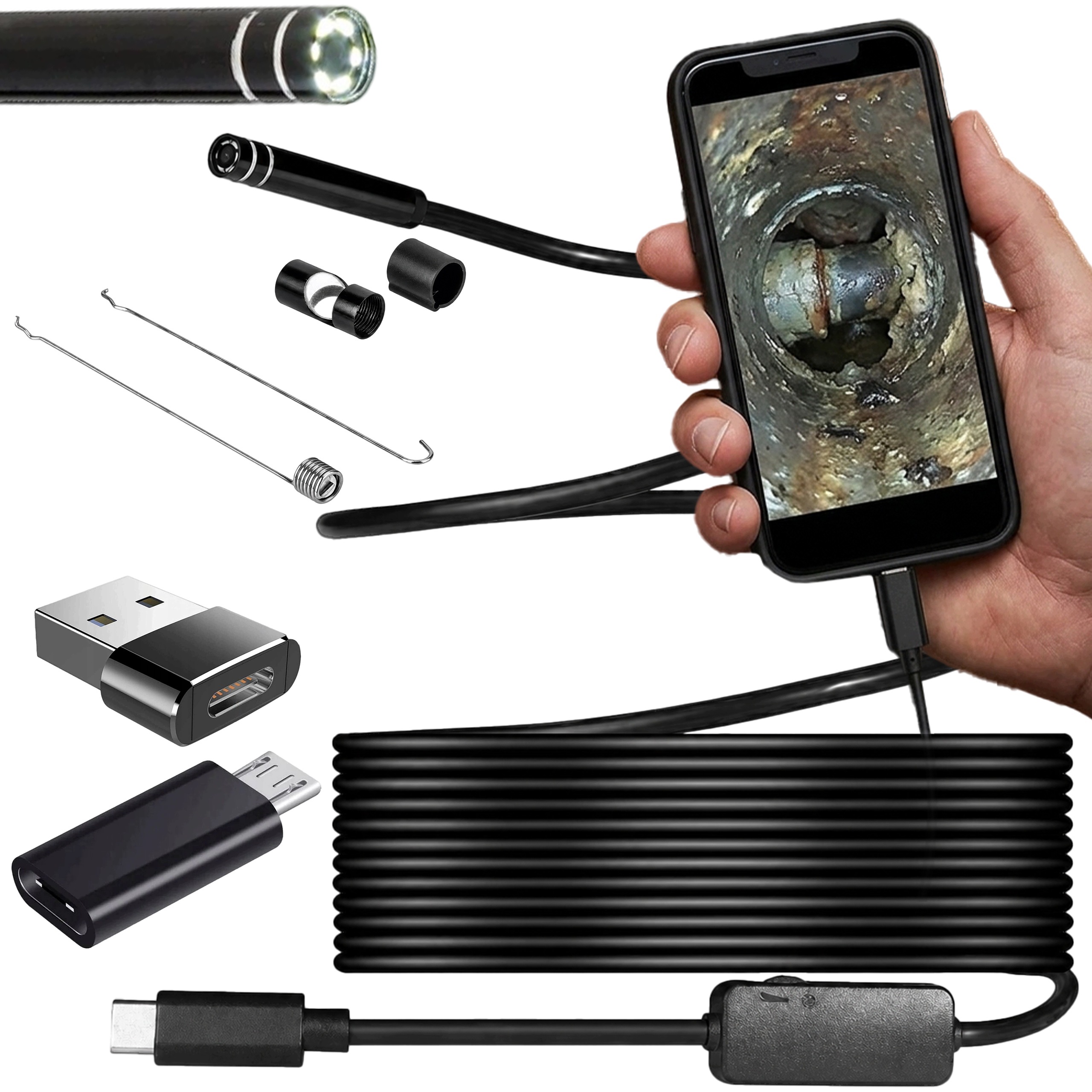1. Kamera Inspekcyjna Endoskop 5M Led Do Telefonu Usb-c 3w1 Hd Android Pc