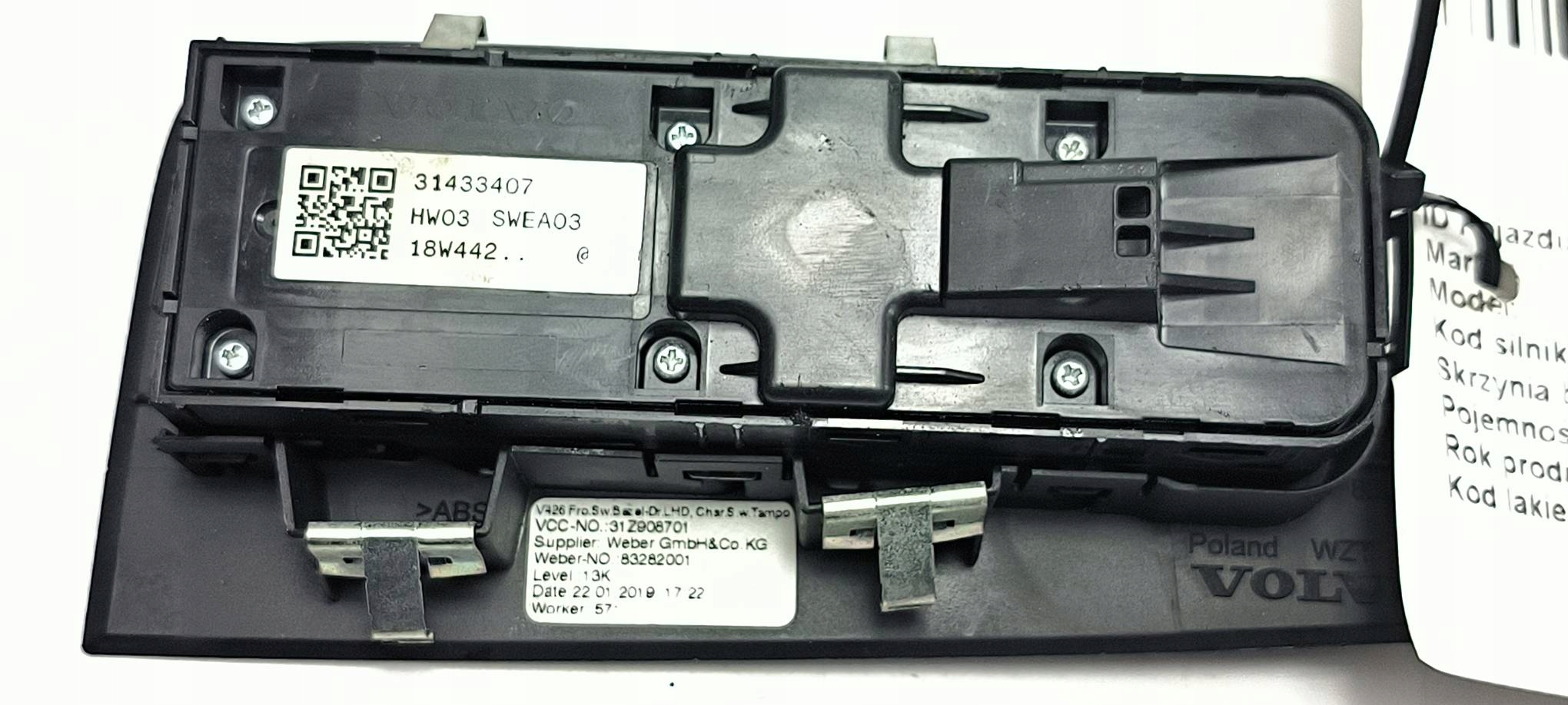 vezérlö panel SZYB 31433407 VOLVO V60 II
