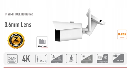 kamera WIFI 5mpx zewnętrzna z zapisem na kartę mSD Obudowa tubowa (bullet)