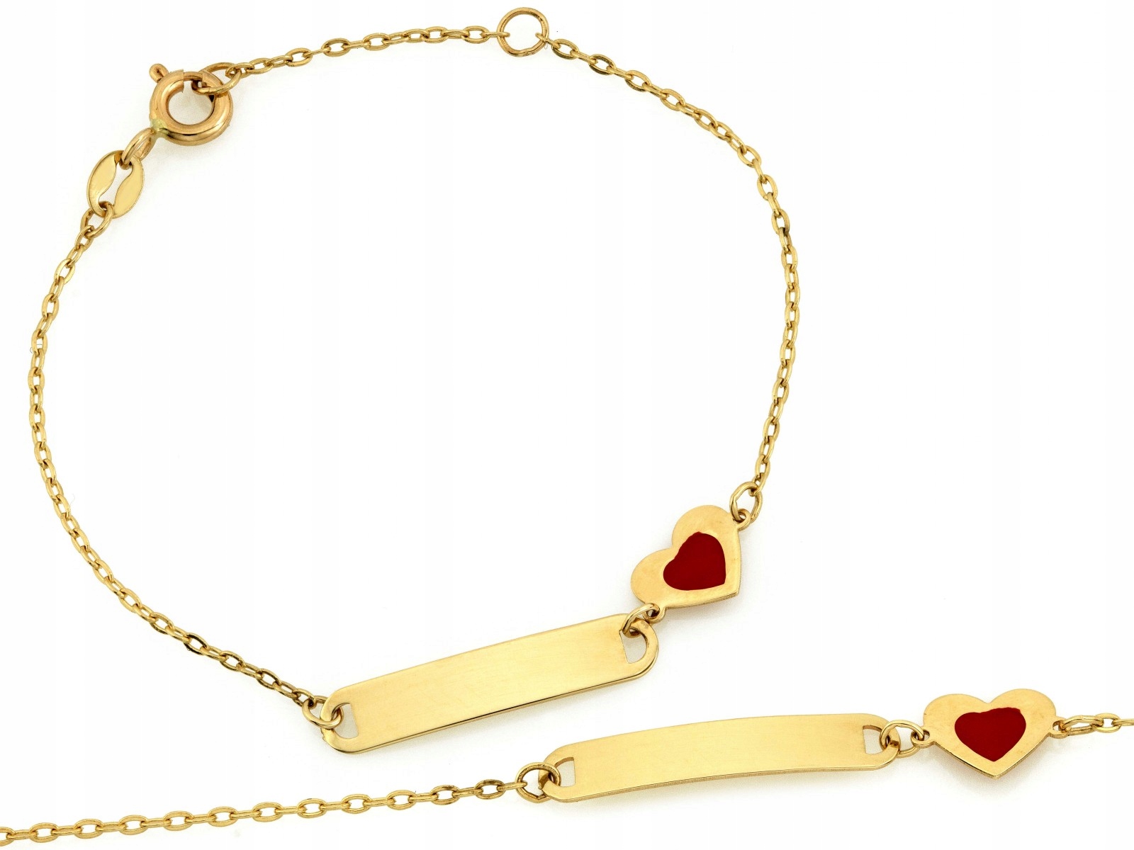 Zlatý náramek 585 pro dítě s červeným smaltovaným srdcem 14 cm