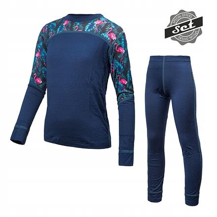 Sensor Merino Impress Set dětský triko dl.rukáv spodky deep blue/floral v