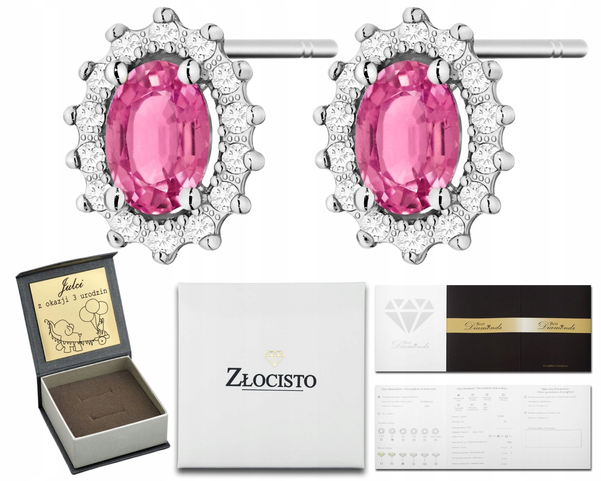 Bílé Zlato Náušnice S Briliantem Růžový Topaz Na Tyči Gravírování 585