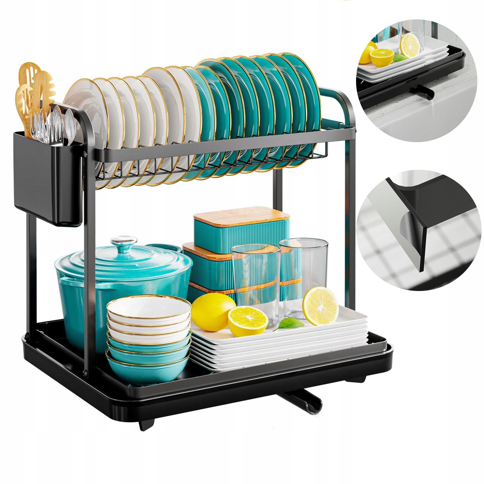Levně Odcíkač Velký Stojanový Sušič Nádobí, Talířů A Příborů Dvouvrstvý Černý Kov