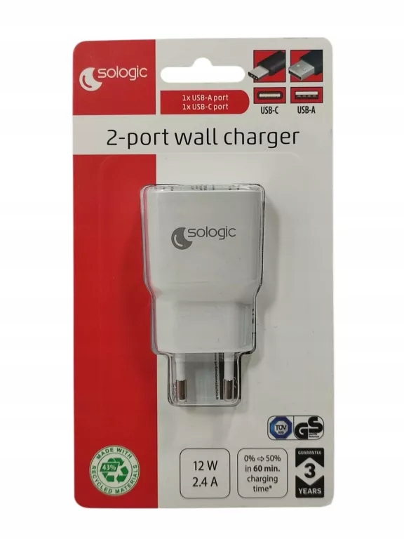KOSTKA DO ŁADOWANIA USB-A DO USB-C 12W 2.4 A BIAŁA