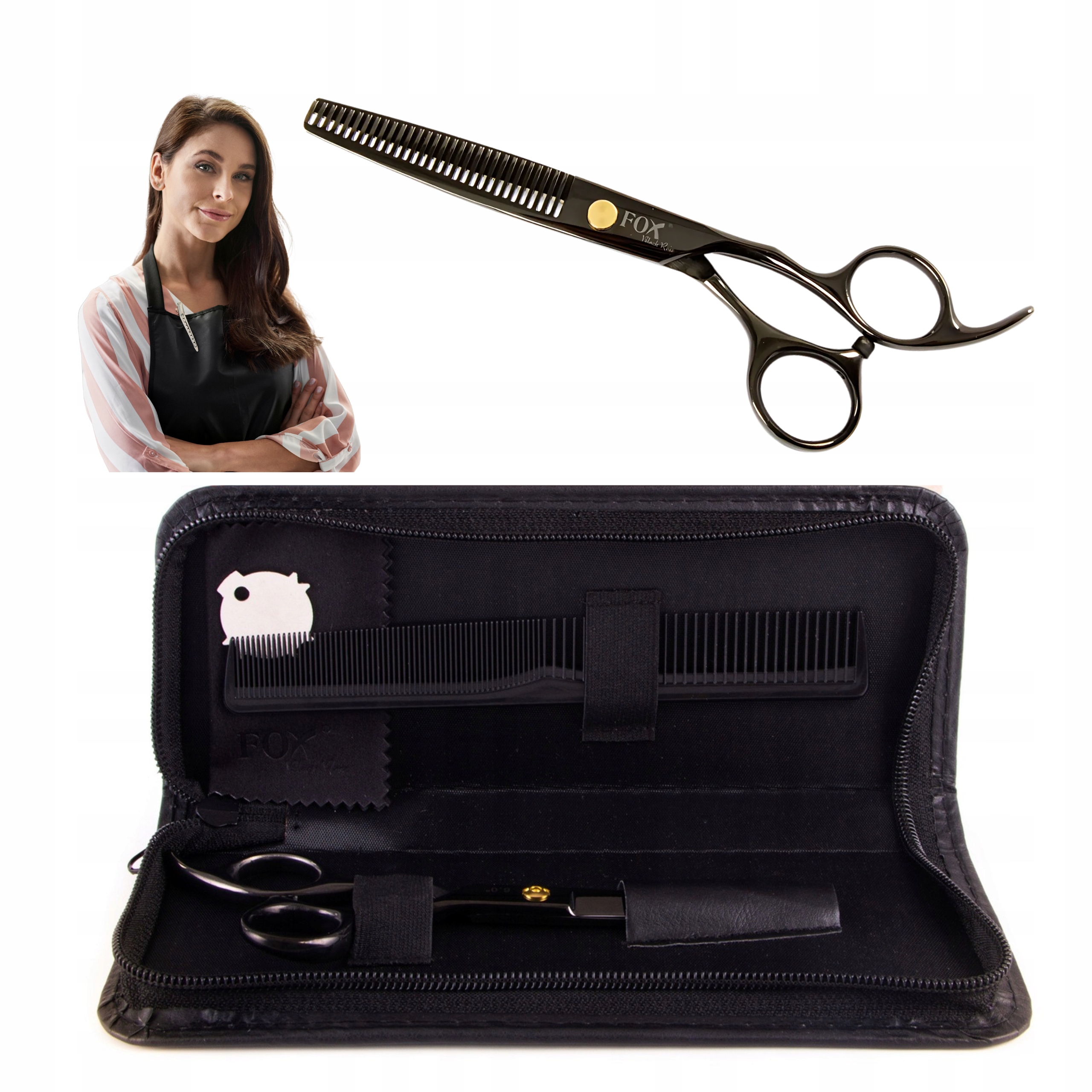 Nożyczki Degażówki Fox Black Rose 6.0" Praworęcznych Profesjonalne Grzebień