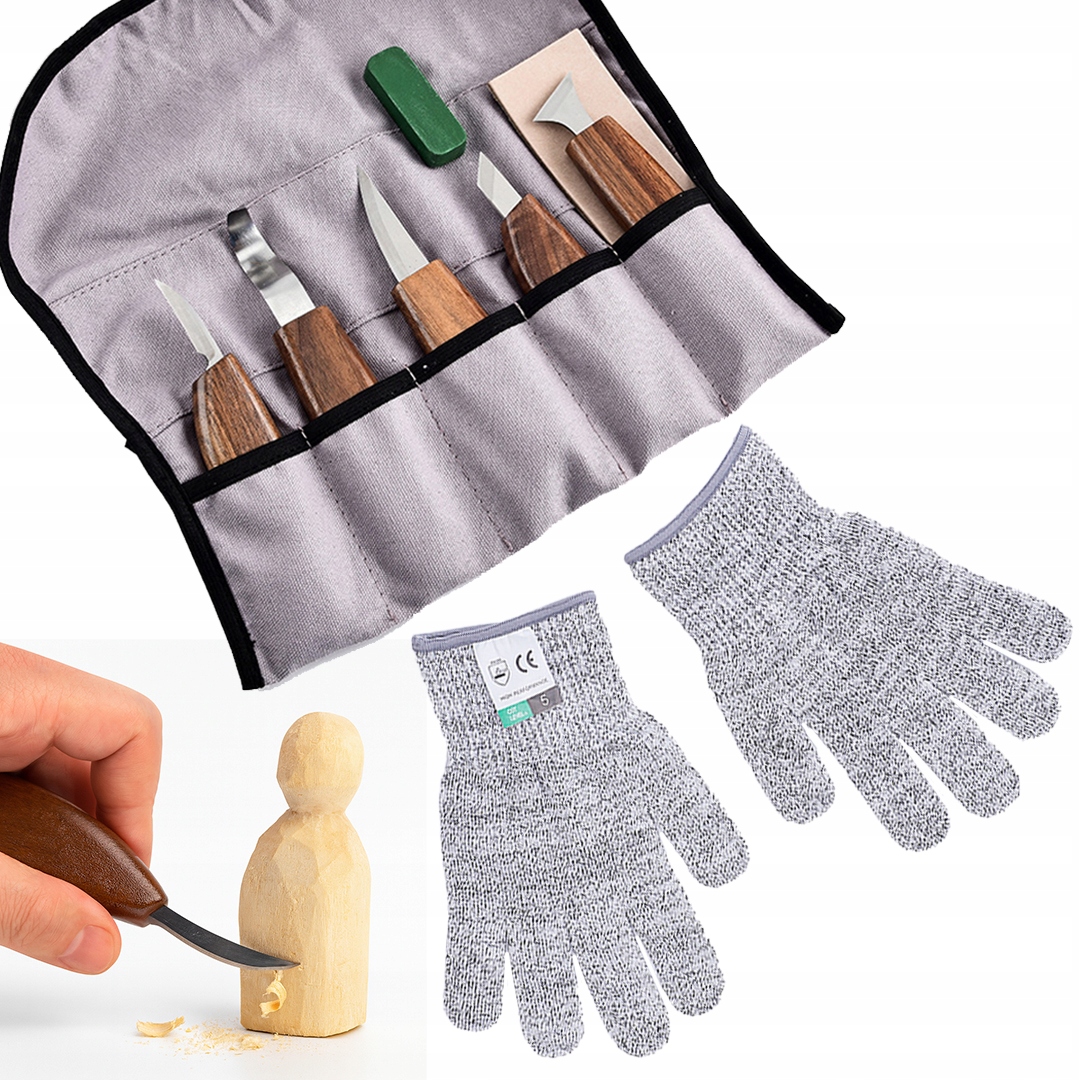 ZESTAW DO RZEŹBIENIA W DREWNIE NOŻE DŁUTA STOLARSKIE 9EL + ETUI RĘKAWICZKI