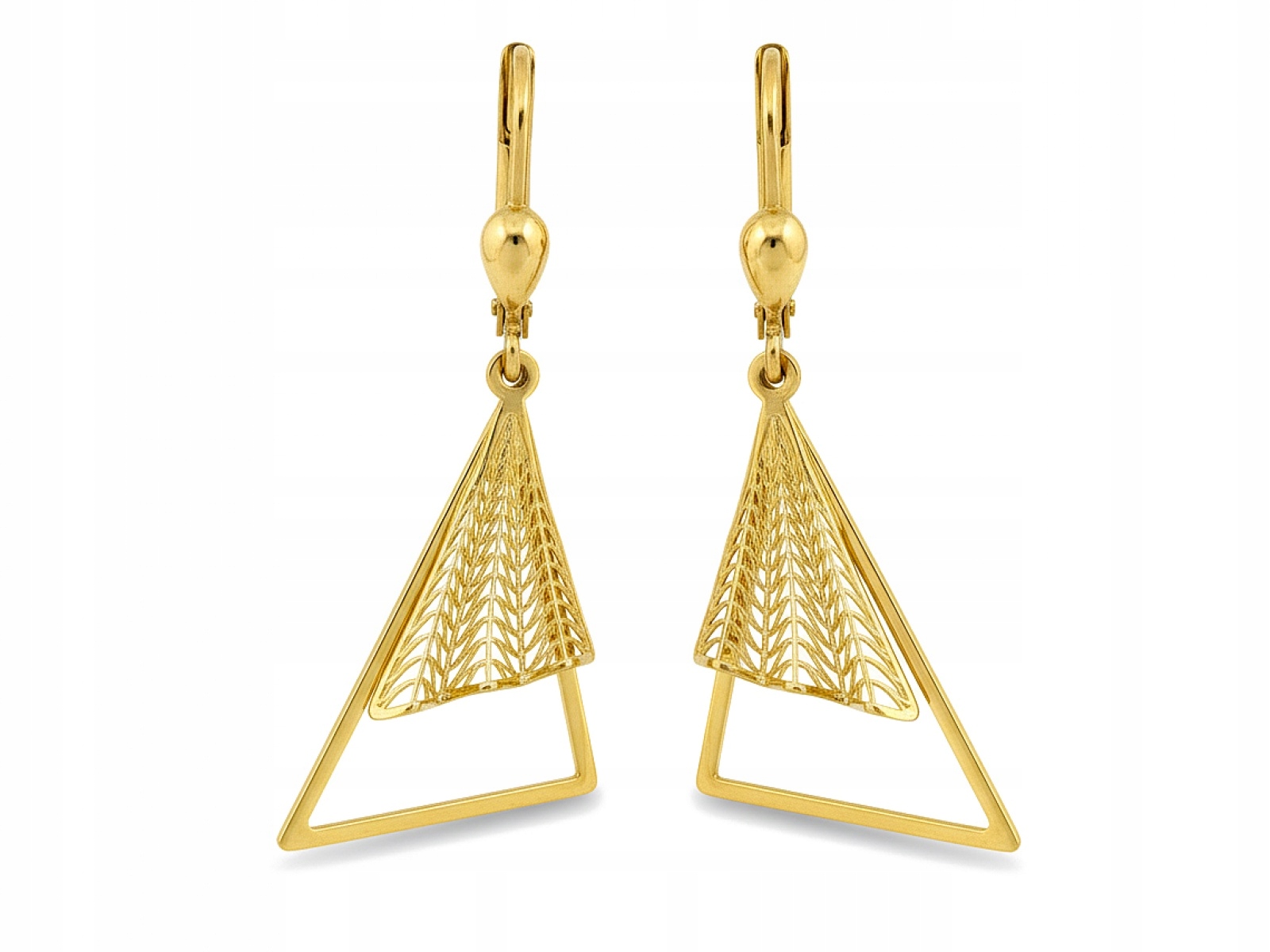 Zlaté náušnice 585, moderní lesklé závěsné trojúhelníky pro ni