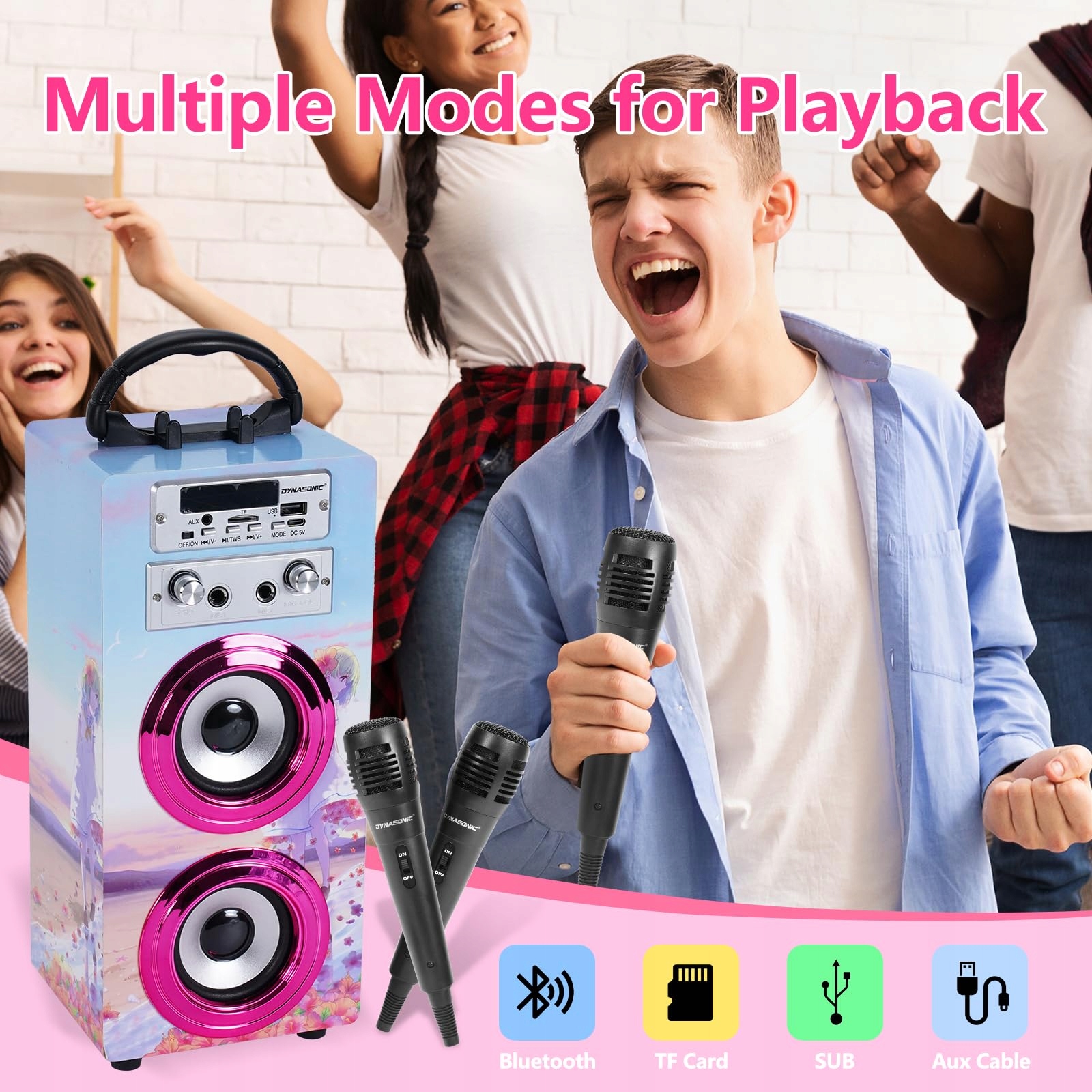 DYNASONIC Karaoke Z Mikrofonami Bluetooth Głośnik Dla Dzieci 5-13 Lat — miniatura 2
