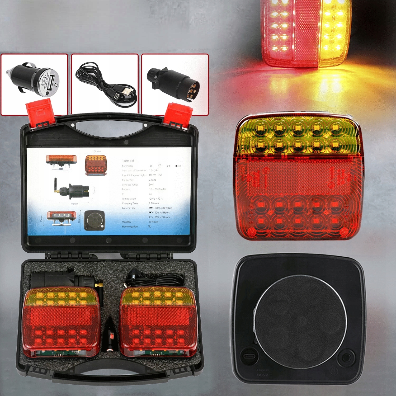 Belaidės magnetinės galinės LED lempos priekabai, 12–24 V, IP65, 5 funkcijų, iki 30 m, 2000 mAh