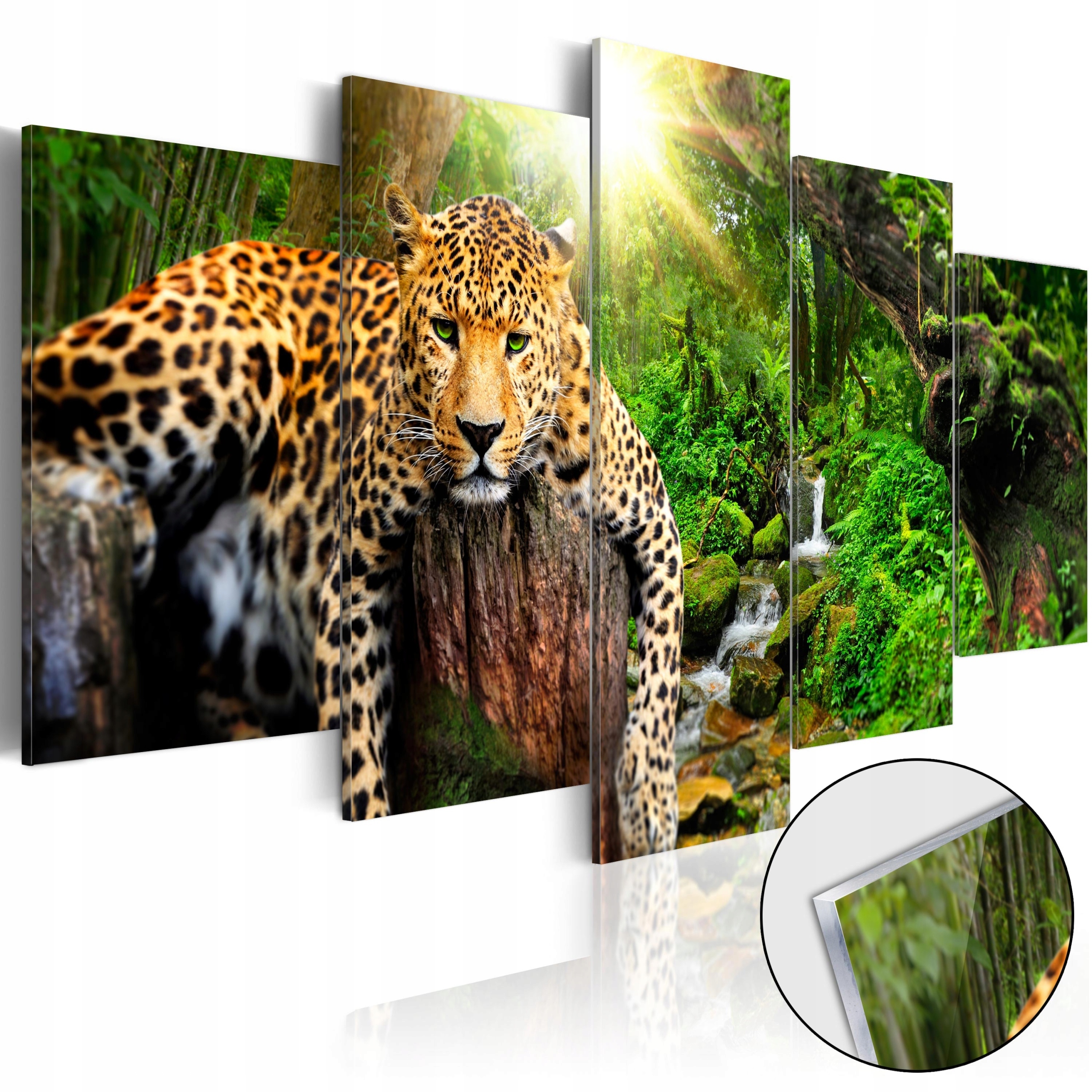 Obraz Na Skle 5 Dílů Triptych Leopard Džungle Krajina Koupelna 200x100