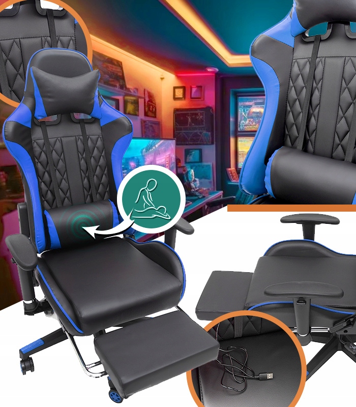 Herní Křeslo S Podnožkou Modré, Prošívané, Kancelářský Masážní Přístroj