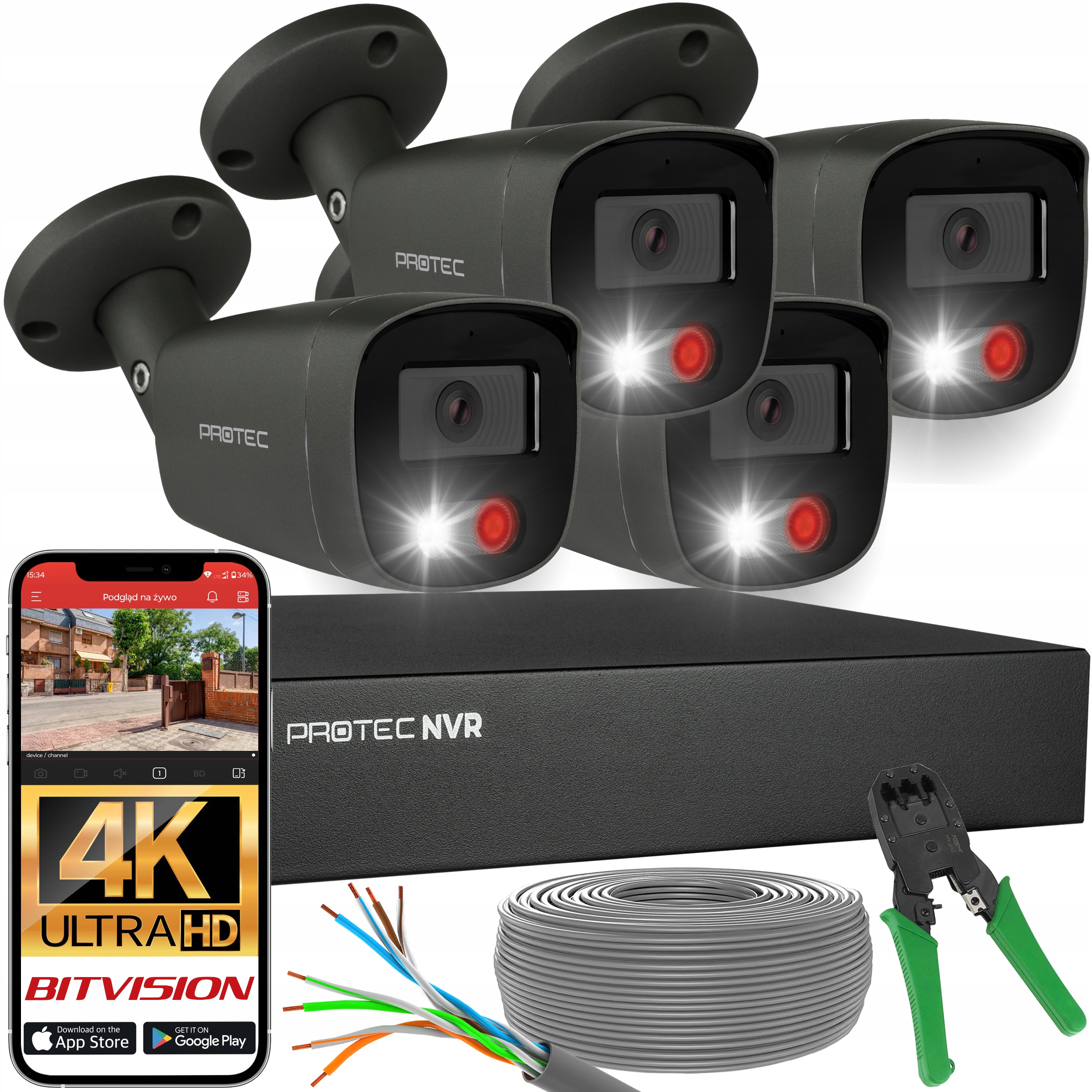 Zestaw do monitoringu 4 kamery 4K Ip PoE zewnętrzne mikrofony grafitowe