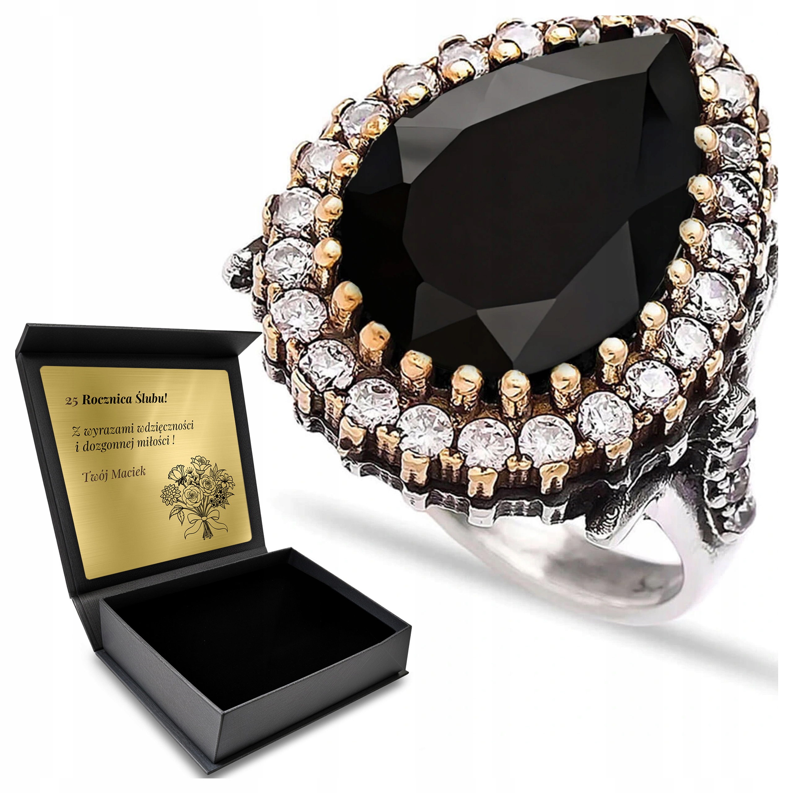 Prstýnek 925 Se Zirkony A Onyxem, Krásný, Velký Gravírování Bonus