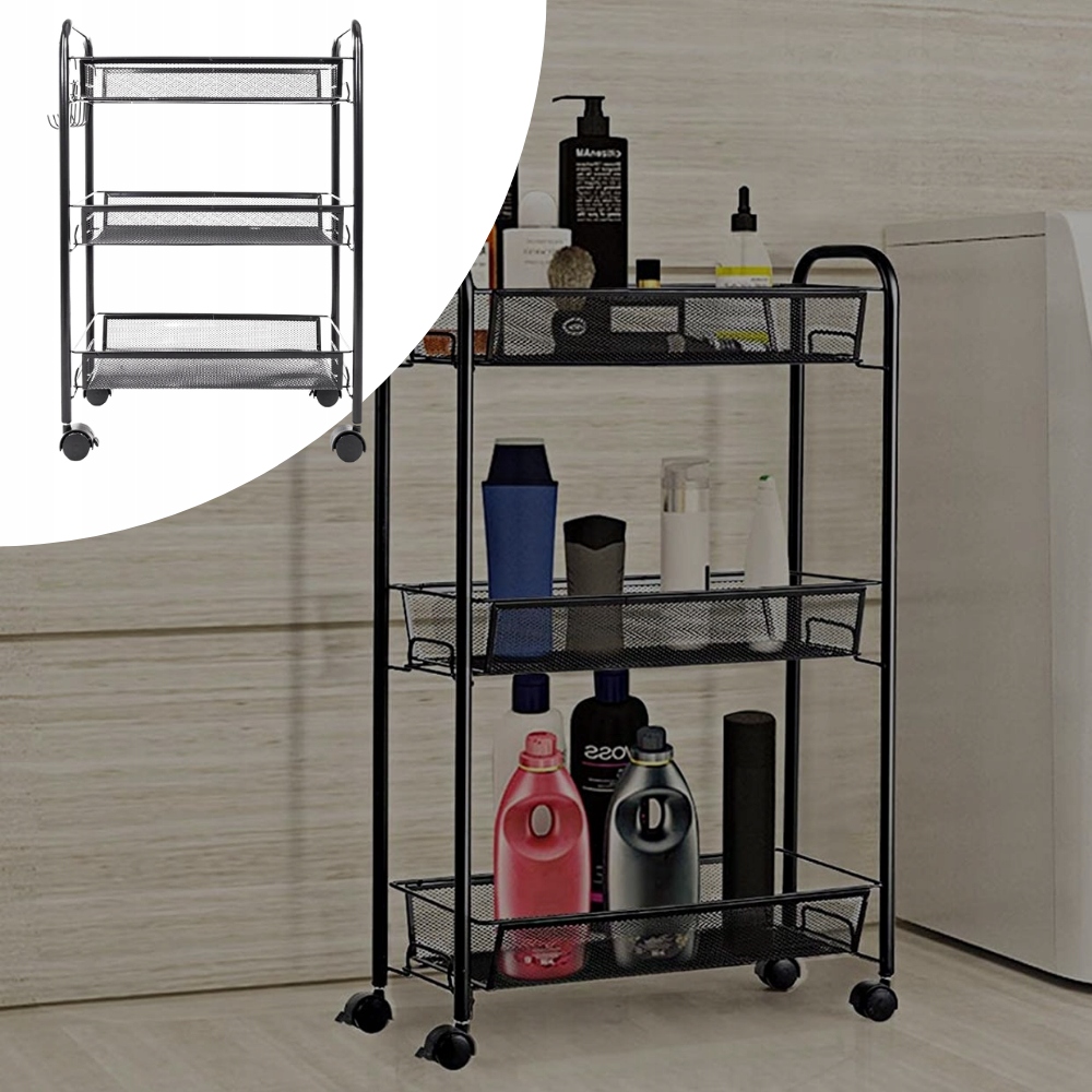 MOBILNA SZAFKA SOLIDNY REGAŁ STOLIK NA KÓŁKACH PRZENOŚNY Z BLOKADĄ METAL Kolor frontów czarny