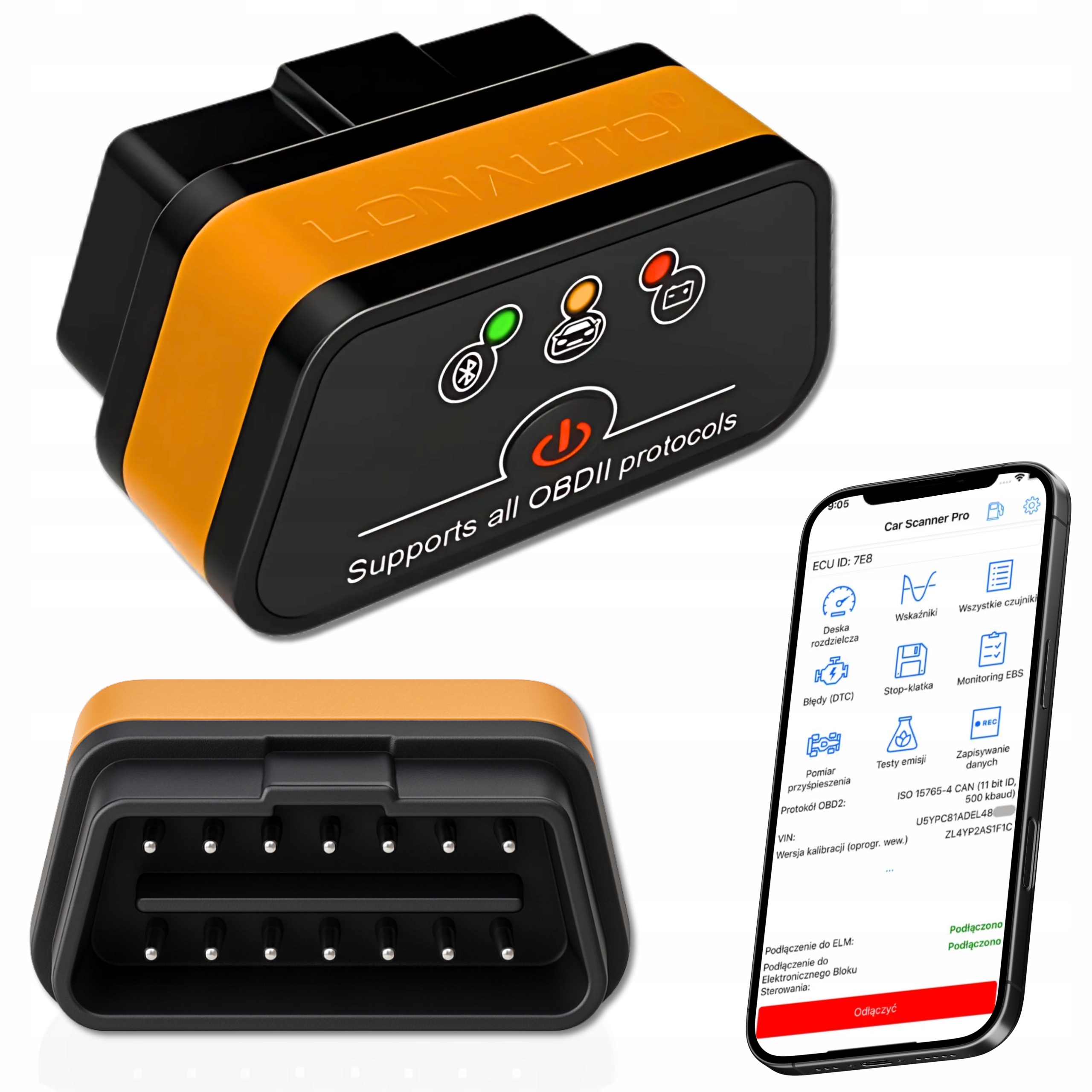 INTERFEJS OBD2 ELM327 BLUETOOTH 5.0 iOS Android PL AUTO TESTER SKANER