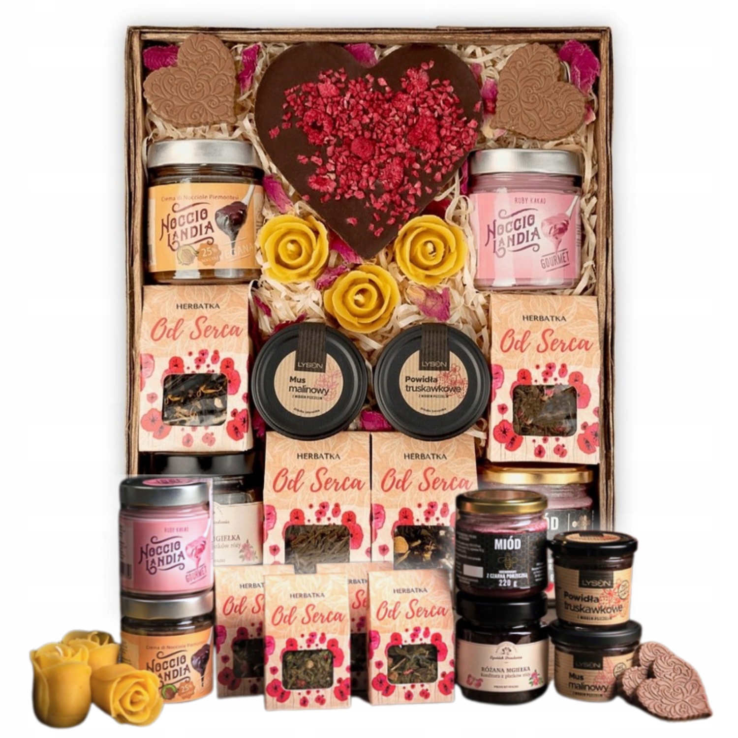Duży Zestaw Herbat Kosz Prezentowy Czekolada Serce Miód Powidła Na Urodziny