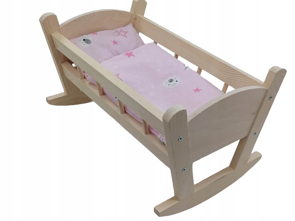 KOŁYSKA DREWNIANA dla lalek NIEMALOWANA + POŚCIEL