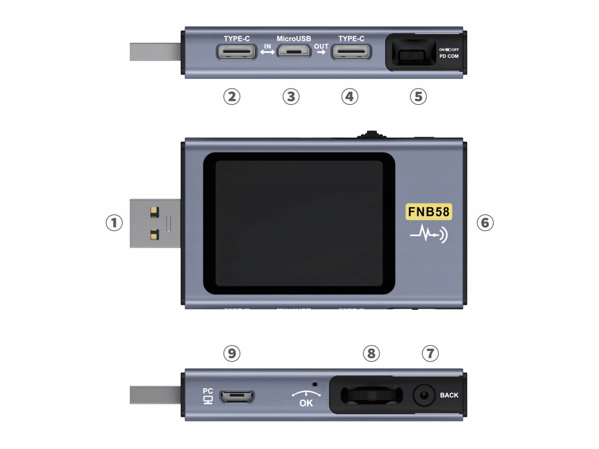 WIELOFUNKCYJNY TESTER FNIRSI FNB58 ANALIZATOR USB-C + BLUETOOTH + POMIAR Model FNB58