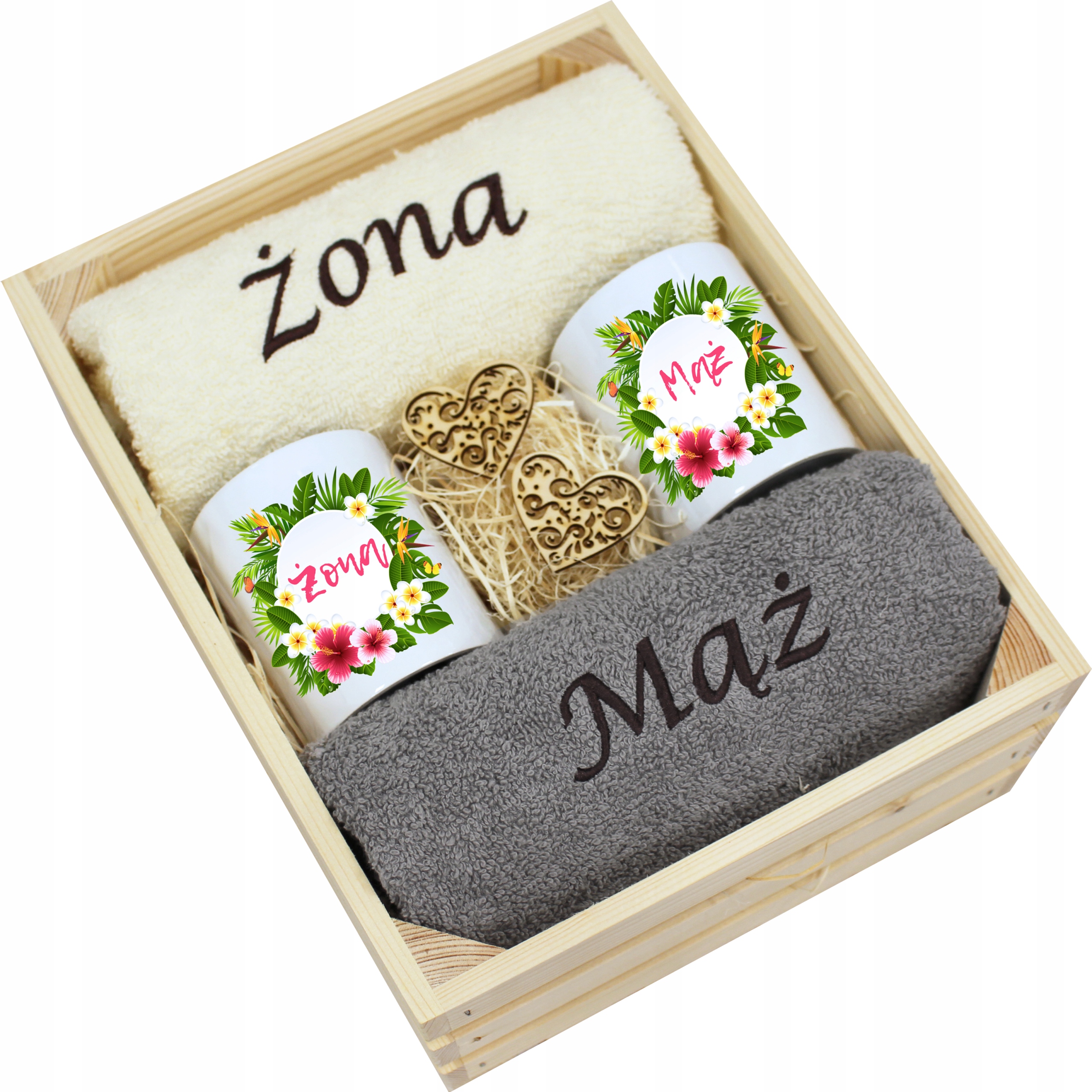 Ślubny Zestaw Ręczniki Kubki Żona i Mąż