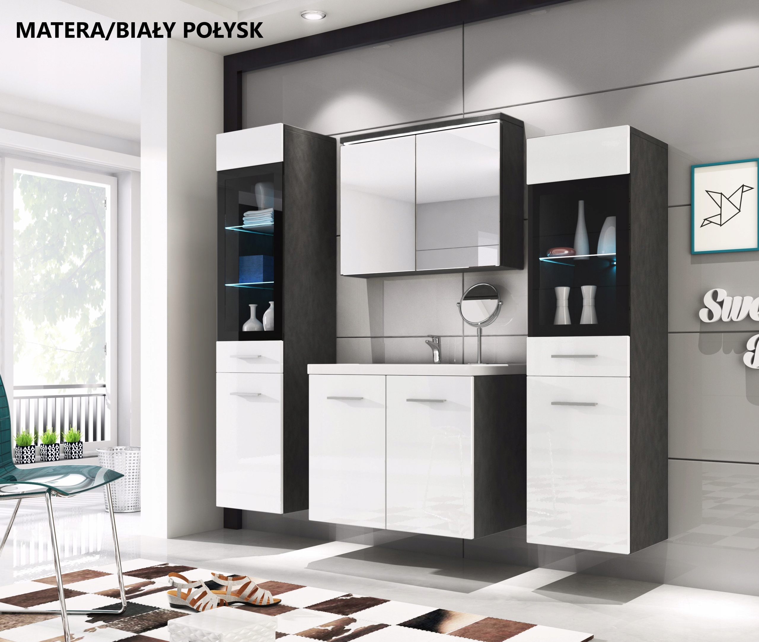 ZESTAW MEBLI ŁAZIENKOWYCH Z LUSTREM I UMYWALKĄ KOMPLET BIAŁY POŁYSK