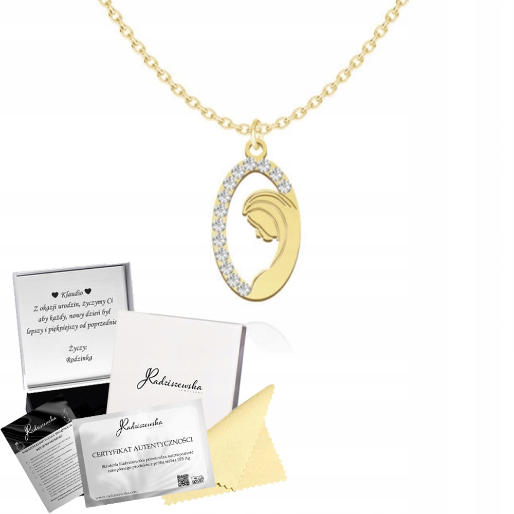 Zlatý náhrdelník Matka Boží Medailon Krystaly Stříbro 925 Dárek Dedikace